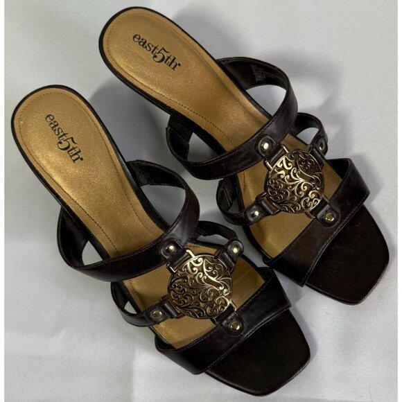 East 5th Womens Brown Gold Medallion Wedge Sandal Slip On 8.5 US - Picture 6 of 12